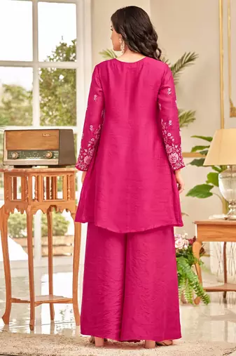 Floral Embroidered Thread Work Chanderi Cotton A-Line Kurta With Palazzos