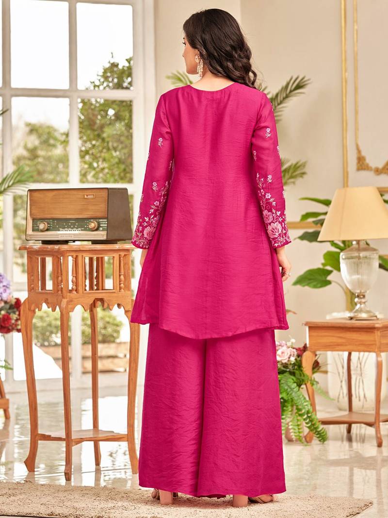 Floral Embroidered Thread Work Chanderi Cotton A-Line Kurta With Palazzos