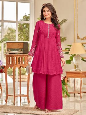 Floral Embroidered Thread Work Chanderi Cotton A-Line Kurta With Palazzos 6