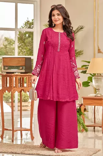 Floral Embroidered Thread Work Chanderi Cotton A-Line Kurta With Palazzos