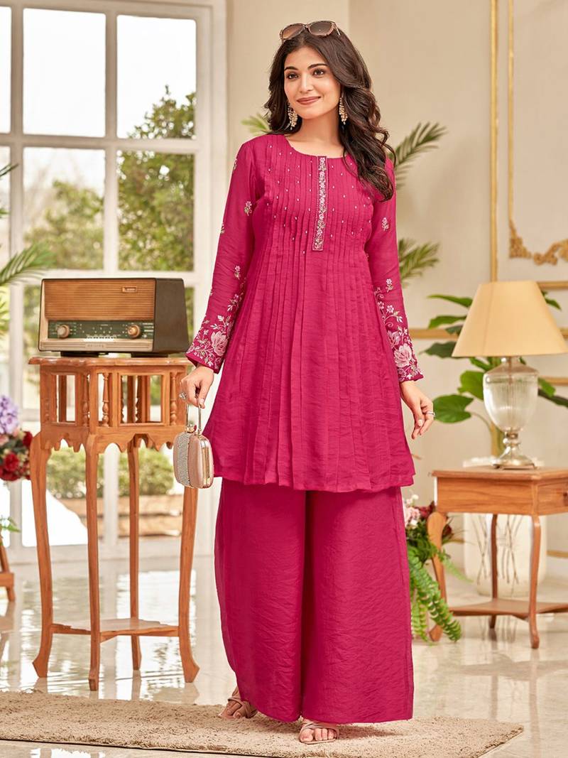 Floral Embroidered Thread Work Chanderi Cotton A-Line Kurta With Palazzos
