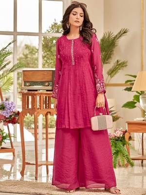 Floral Embroidered Thread Work Chanderi Cotton A-Line Kurta With Palazzos 7