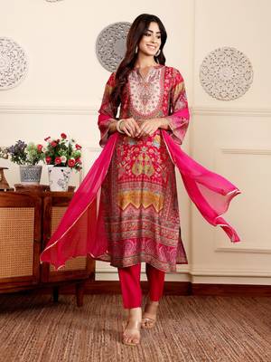 Ethnic Motifs Printed Gotta Patti Chanderi Kurta With Trousers And Dupatta 1