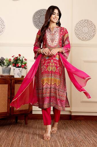 Ethnic Motifs Printed Gotta Patti Chanderi Kurta With Trousers And Dupatta
