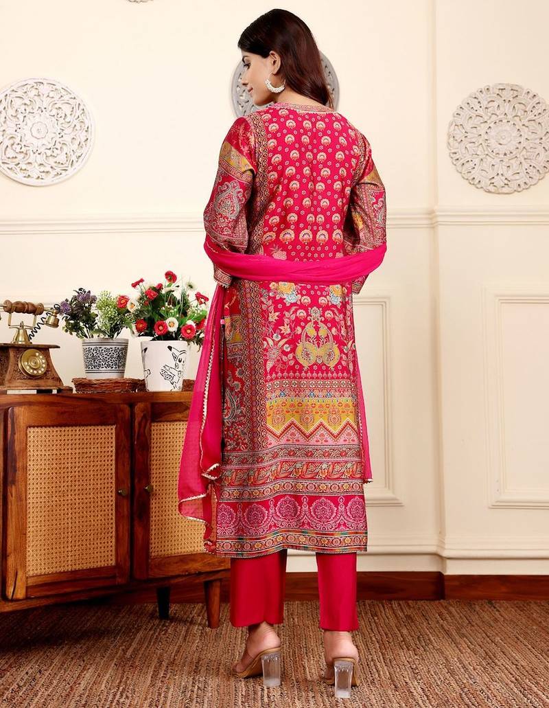 Ethnic Motifs Printed Gotta Patti Chanderi Kurta With Trousers And Dupatta