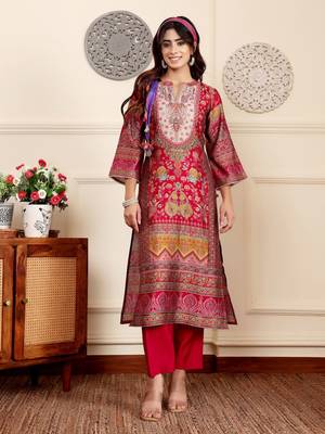 Ethnic Motifs Printed Gotta Patti Chanderi Kurta With Trousers And Dupatta 6