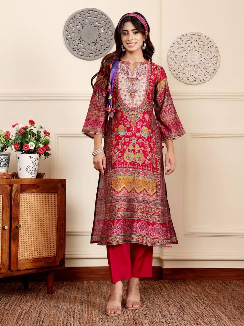 Ethnic Motifs Printed Gotta Patti Chanderi Kurta With Trousers And Dupatta