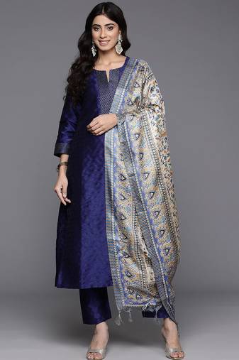 Woven Design Zari Kurta with Trousers & Dupatta