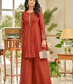 Women Ethnic Motifs Embroidered Pleated Thread Work Kurti with Palazzos