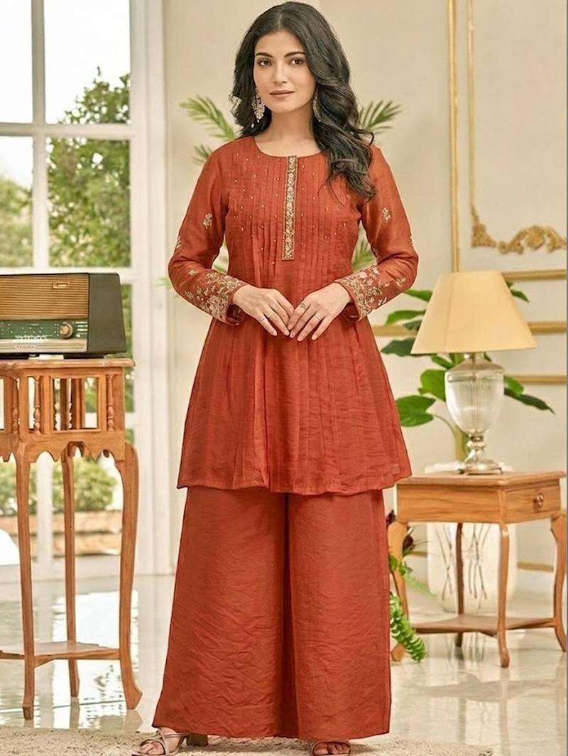 Women Ethnic Motifs Embroidered Pleated Thread Work Kurti with Palazzos