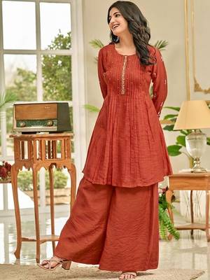 Women Ethnic Motifs Embroidered Pleated Thread Work Kurti with Palazzos 6