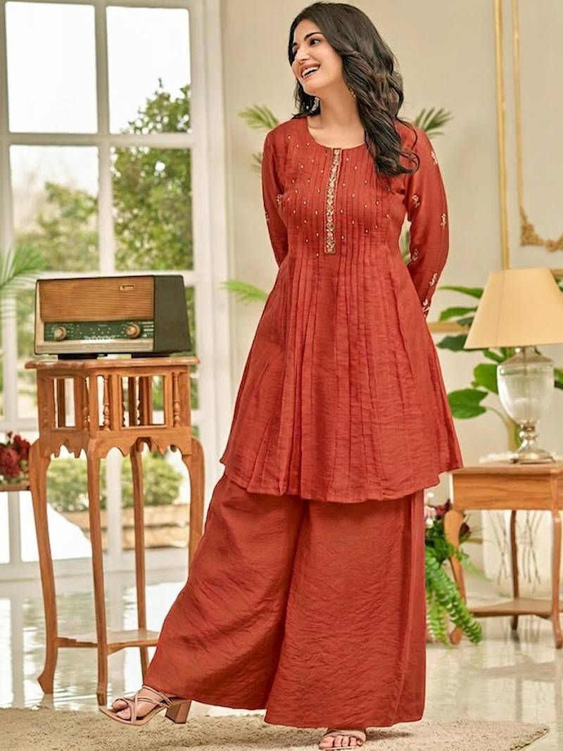 Women Ethnic Motifs Embroidered Pleated Thread Work Kurti with Palazzos
