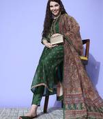 Women Floral Printed Thread Work Chanderi Kurta with Trousers & With Dupatta