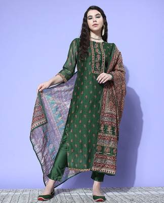 Women Floral Printed Thread Work Chanderi Kurta with Trousers & With Dupatta 2
