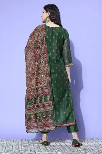 Women Floral Printed Thread Work Chanderi Kurta with Trousers & With Dupatta