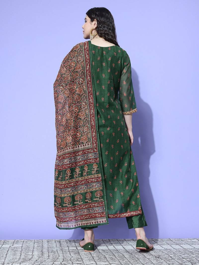 Women Floral Printed Thread Work Chanderi Kurta with Trousers & With Dupatta