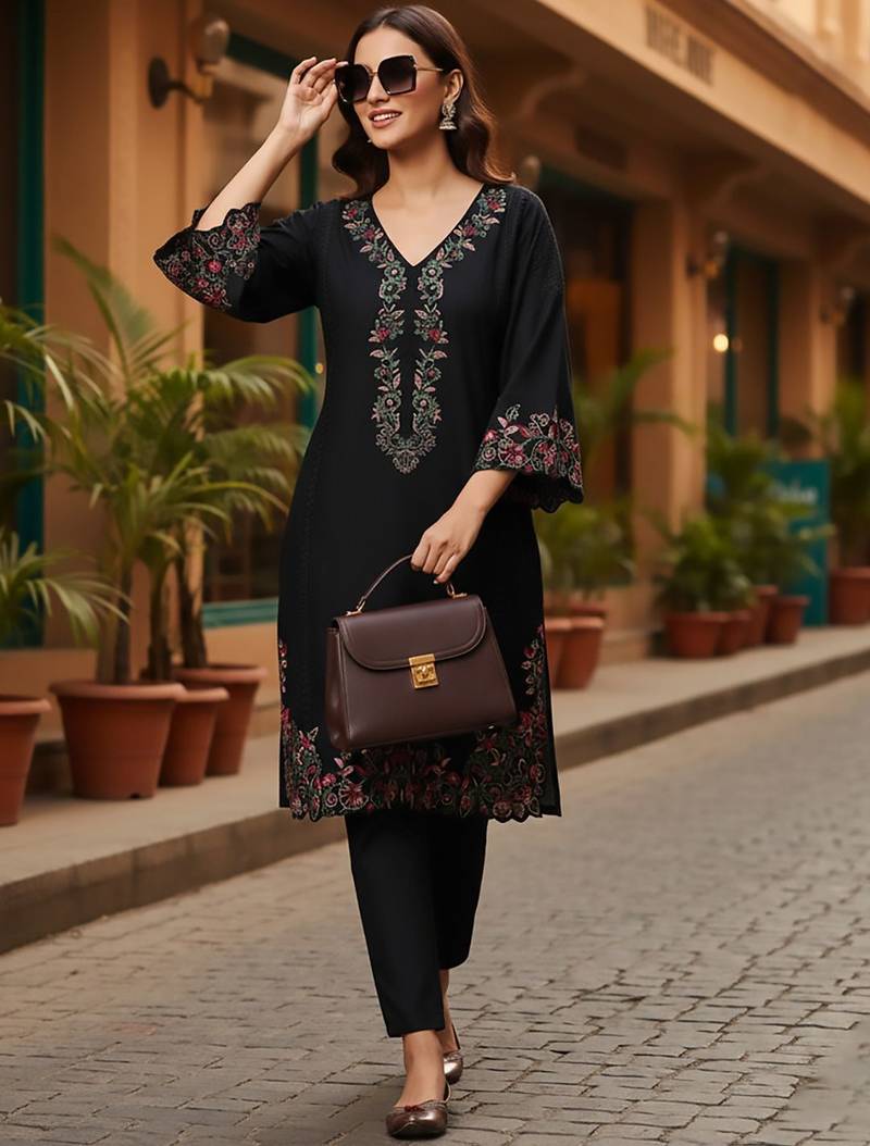 Women Embroidered V-Neck Pure Cotton Kurta Sets