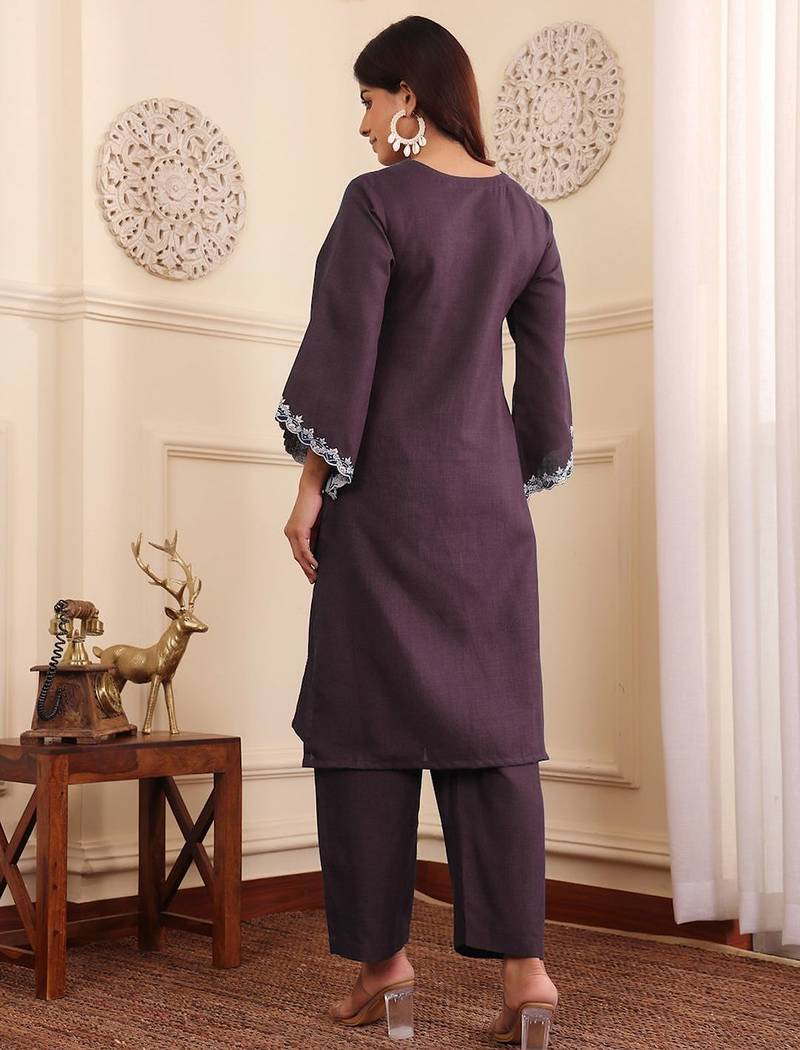 V-Neck Embroidered Thread Work Straight Kurta With Trousers