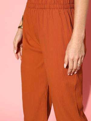 Rust Flared Sleeve Organza detailed V Neck Textured Kurta with Palazzo 6