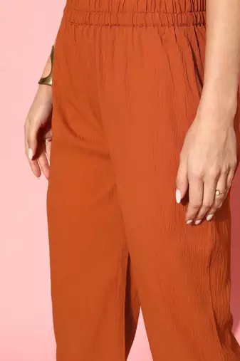 Rust Flared Sleeve Organza detailed V Neck Textured Kurta with Palazzo
