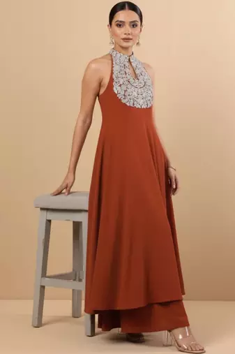 Women Ethnic Motifs Embroidered Panelled Georgette Kurta with Palazzos