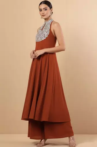 Women Ethnic Motifs Embroidered Panelled Georgette Kurta with Palazzos