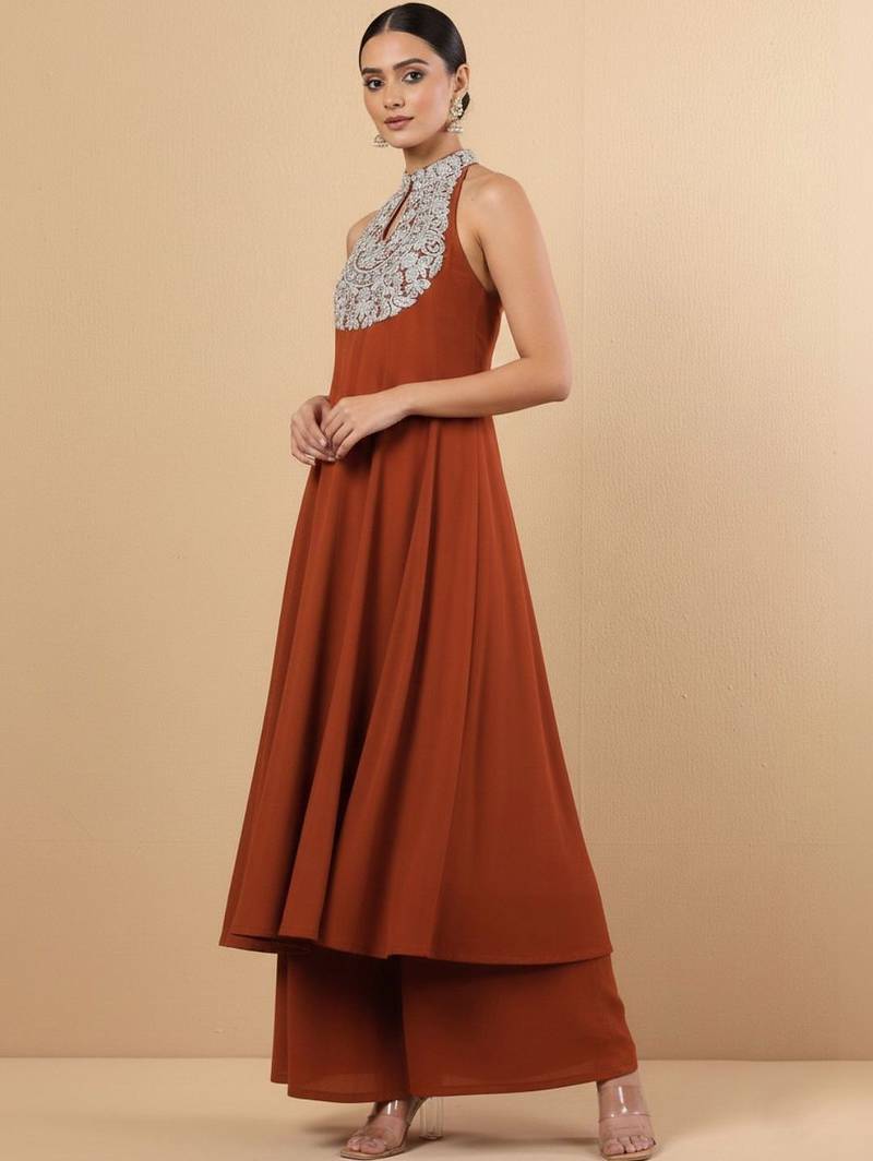 Women Ethnic Motifs Embroidered Panelled Georgette Kurta with Palazzos