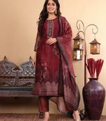 Floral Printed Sequinned Chanderi Straight Kurta with Trousers & Dupatta