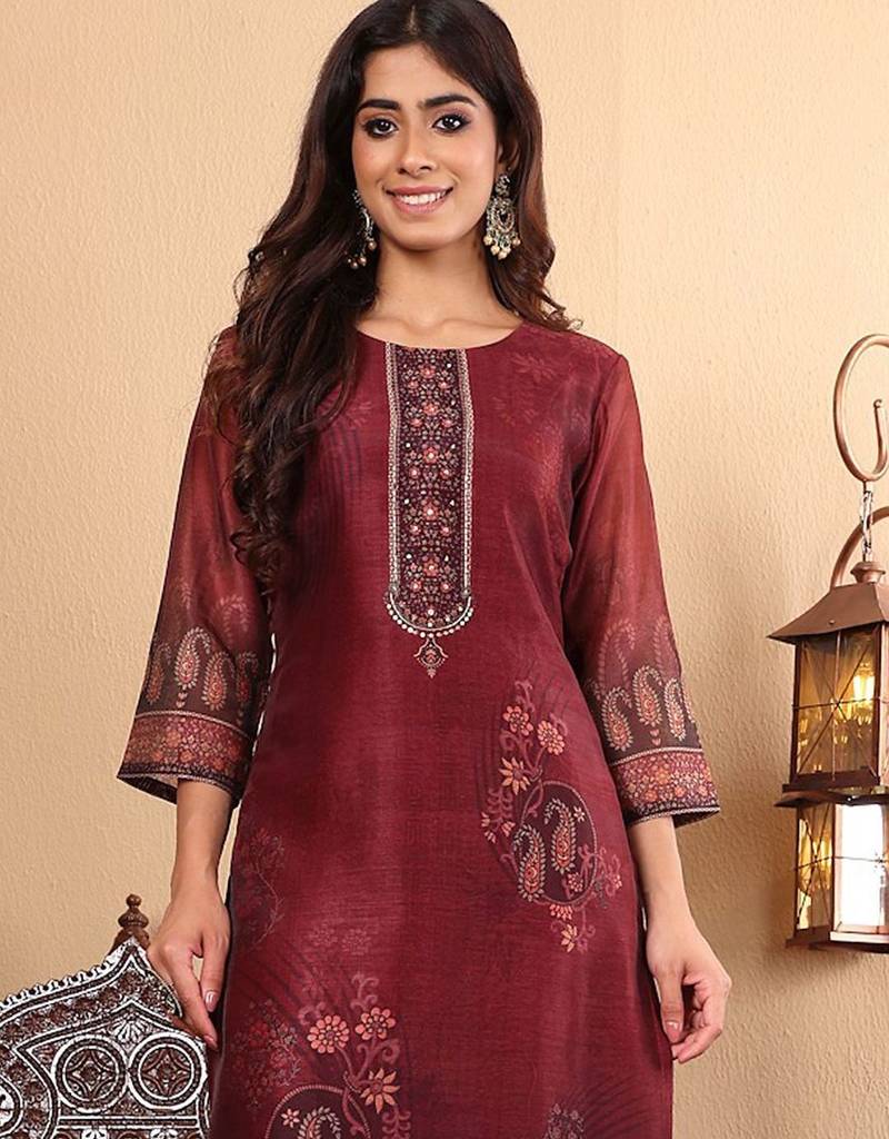 Floral Printed Sequinned Chanderi Straight Kurta with Trousers & Dupatta