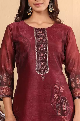 Floral Printed Sequinned Chanderi Straight Kurta with Trousers & Dupatta