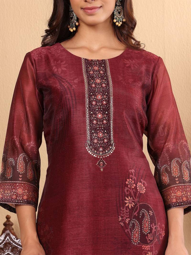 Floral Printed Sequinned Chanderi Straight Kurta with Trousers & Dupatta