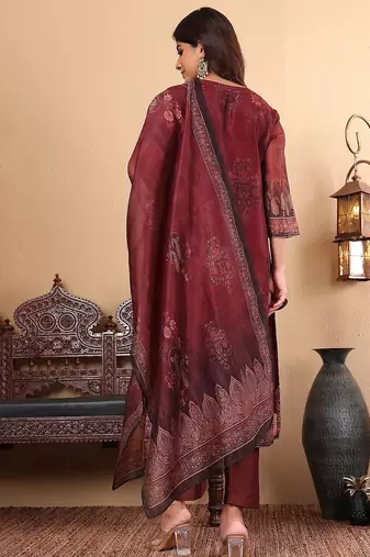 Floral Printed Sequinned Chanderi Straight Kurta with Trousers & Dupatta
