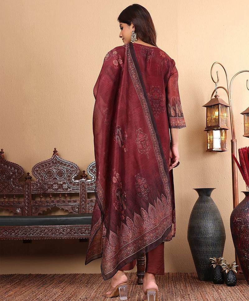 Floral Printed Sequinned Chanderi Straight Kurta with Trousers & Dupatta