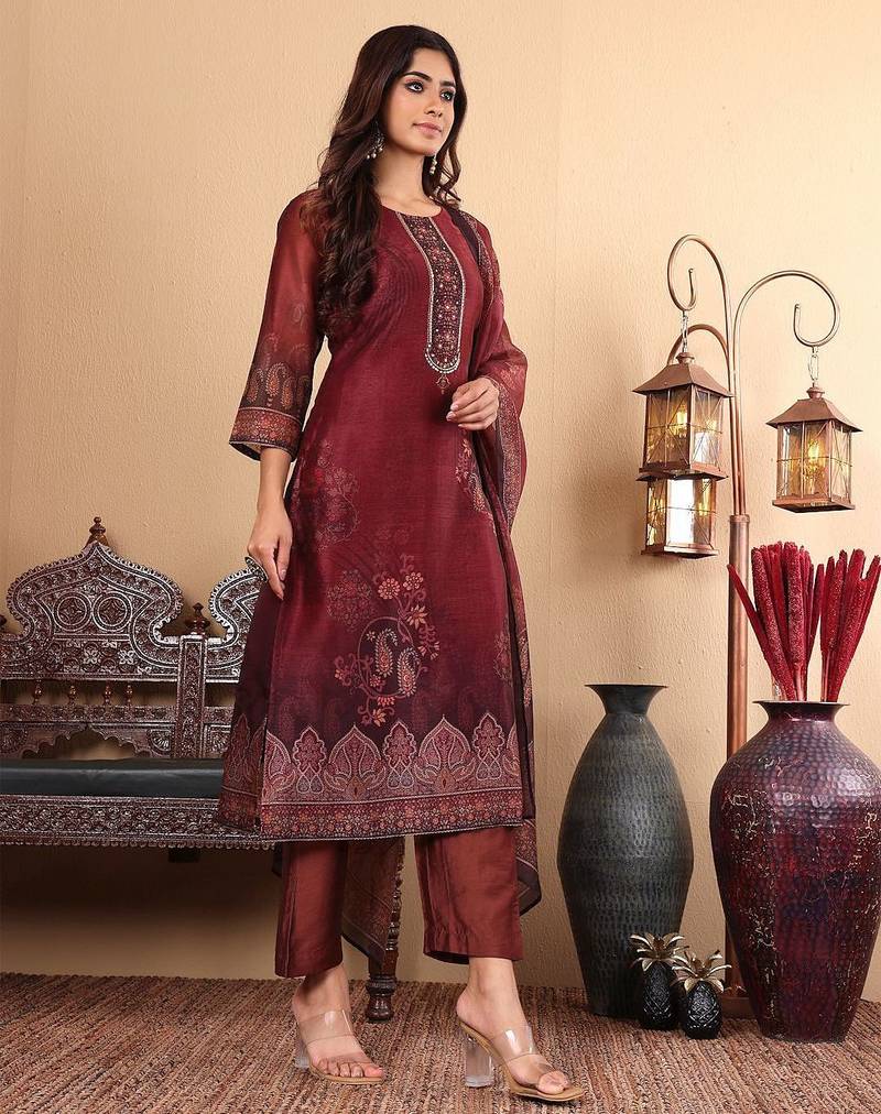 Floral Printed Sequinned Chanderi Straight Kurta with Trousers & Dupatta