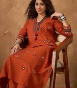 Yoke Design Pleated Thread Work V-Neck A-line Kurta With Trousers