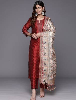 Maroon Zari Work textured Kurta with Trouser and Printed Dupatta 1