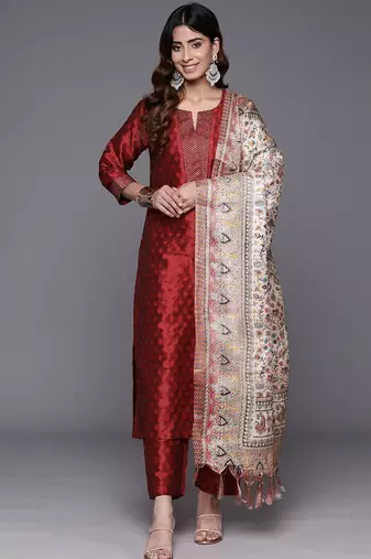 Maroon Zari Work textured Kurta with Trouser and Printed Dupatta