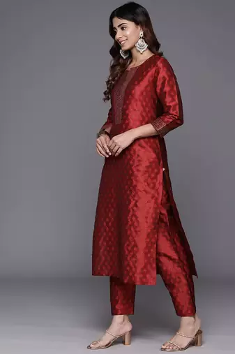Maroon Zari Work textured Kurta with Trouser and Printed Dupatta