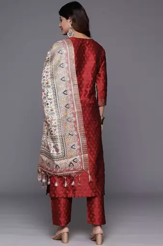 Maroon Zari Work textured Kurta with Trouser and Printed Dupatta