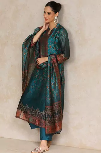 Women Printed Regular Chanderi Kurta with Trousers & With Dupatta