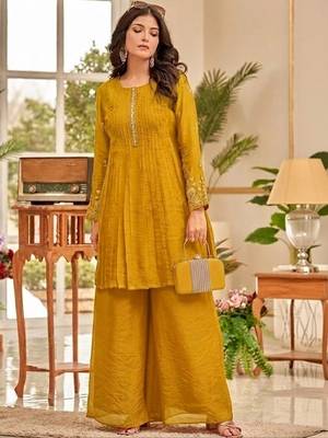 Women Ethnic Motifs Embroidered Pleated Thread Work Kurti with Palazzos 1