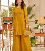 Women Ethnic Motifs Embroidered Pleated Thread Work Kurti with Palazzos