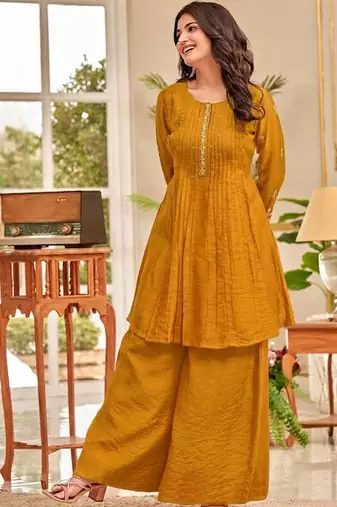 Women Ethnic Motifs Embroidered Pleated Thread Work Kurti with Palazzos