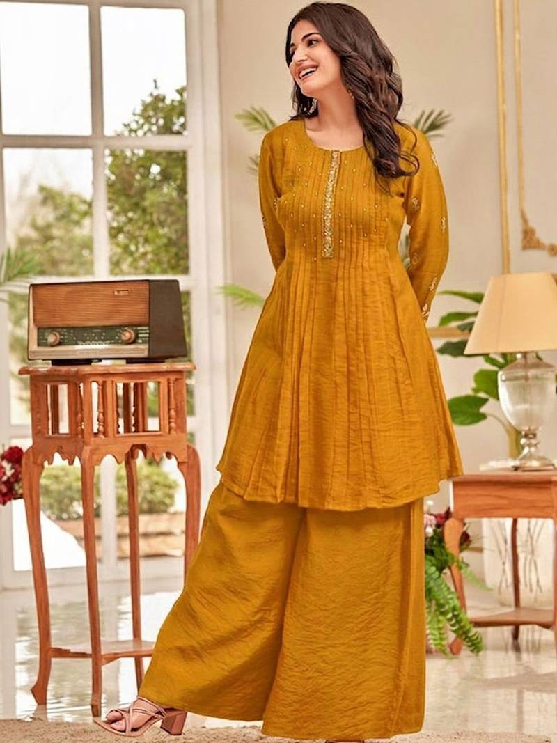 Women Ethnic Motifs Embroidered Pleated Thread Work Kurti with Palazzos