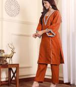 V-Neck Embroidered Thread Work Straight Kurta With Trousers