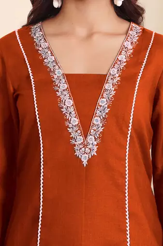 V-Neck Embroidered Thread Work Straight Kurta With Trousers