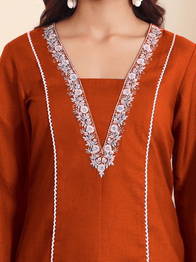 V-Neck Embroidered Thread Work Straight Kurta With Trousers