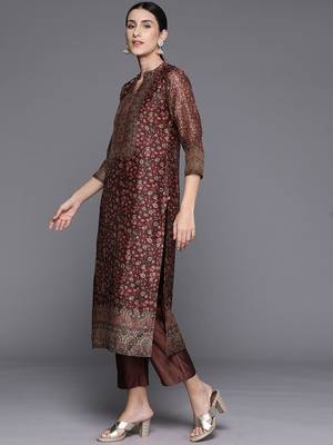 Women Floral Printed Regular Chanderi Silk Kurta with Trousers & With Dupatta 5