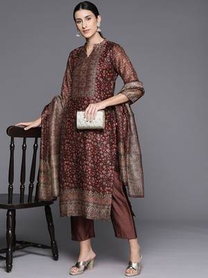 Women Floral Printed Regular Chanderi Silk Kurta with Trousers & With Dupatta 8