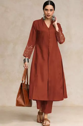 Women Panelled Sequinned Kurta with Trousers